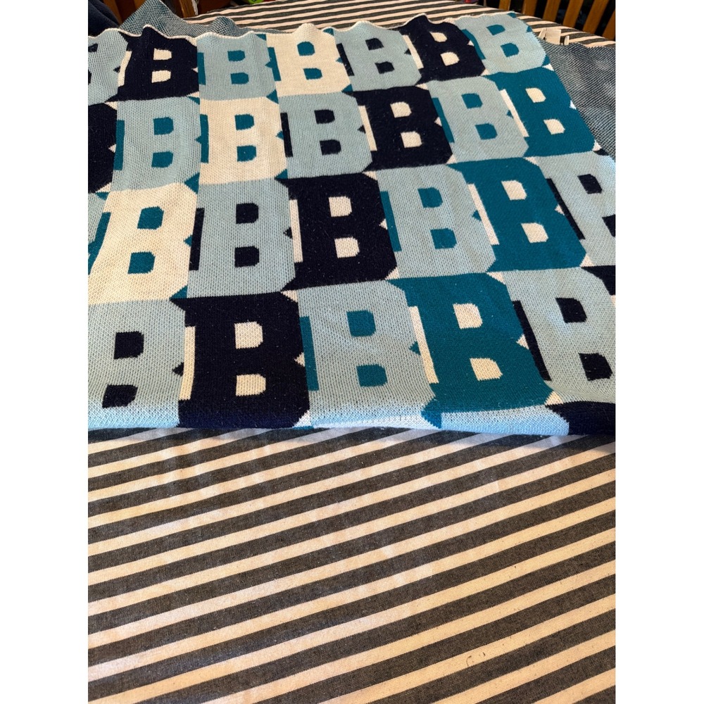 BaubleBar Blue Block Letter B Knit Throw Blanket Monogram Graphic Soft Acrylic